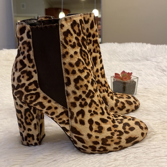 Sam Edelman | Anthropologie Animal print Fur Chelsea Ankle Bootie heel women 7.5 - Picture 3 of 11